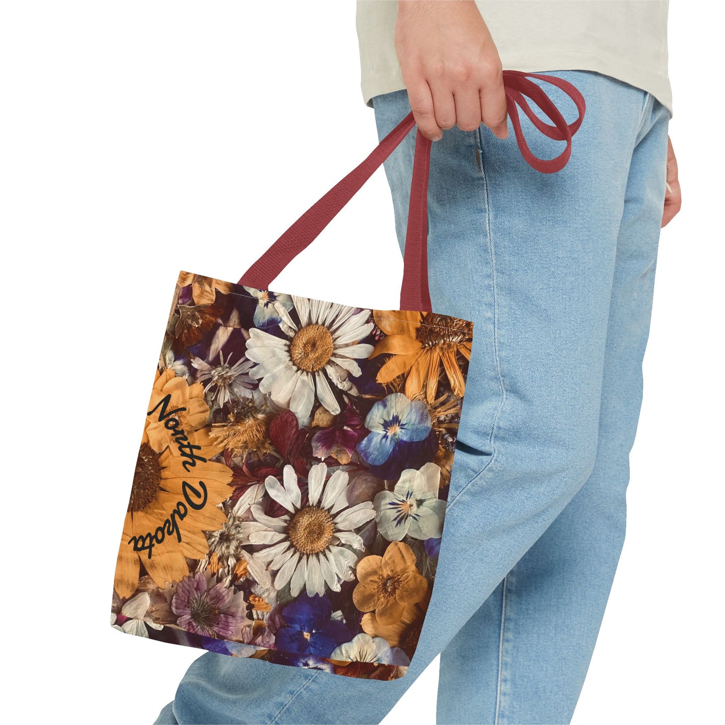 Vintage Pressed Flowers North Dakota Tote Bag — Floral Daisies AOP Tote
