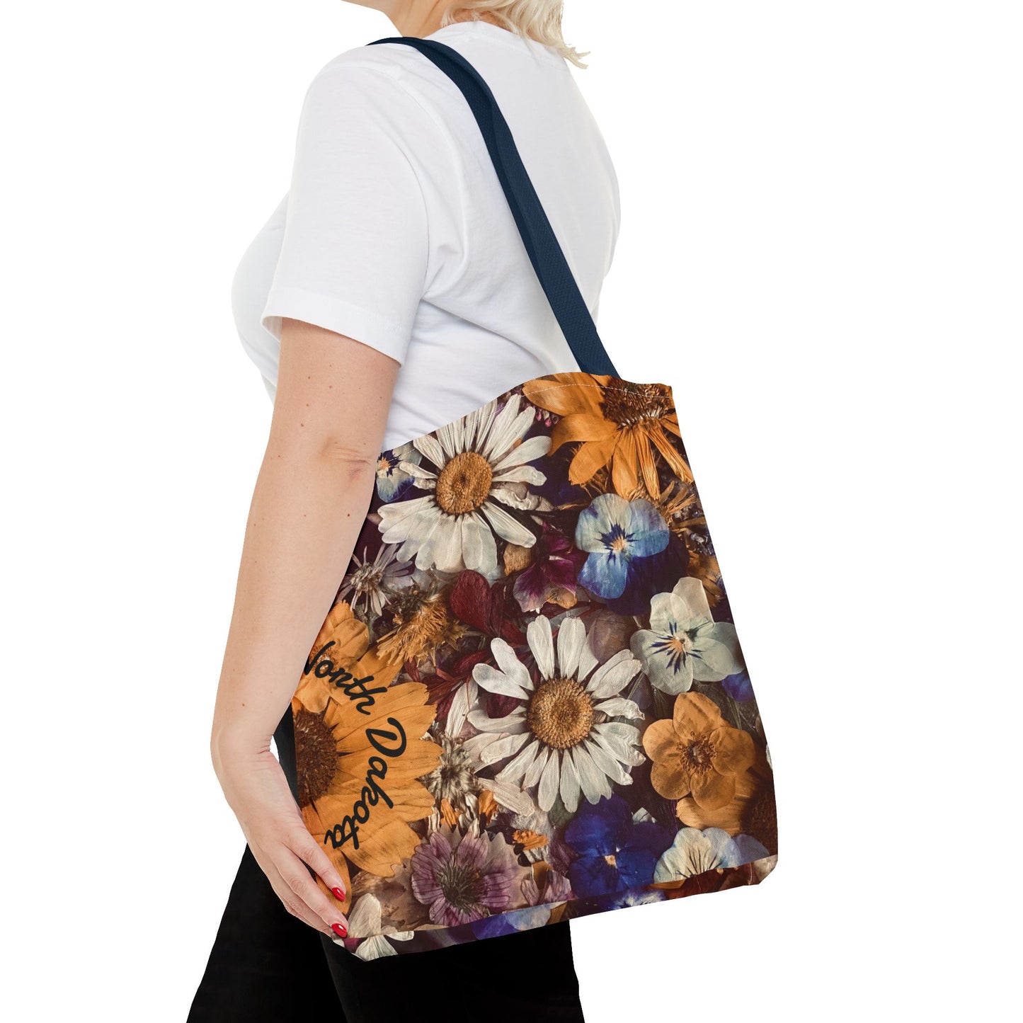Vintage Pressed Flowers North Dakota Tote Bag — Floral Daisies AOP Tote