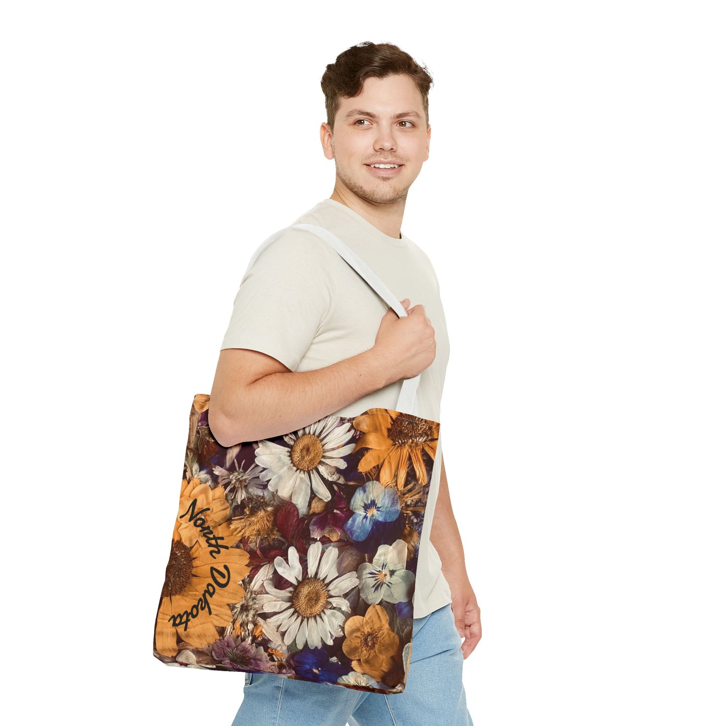 Vintage Pressed Flowers North Dakota Tote Bag — Floral Daisies AOP Tote