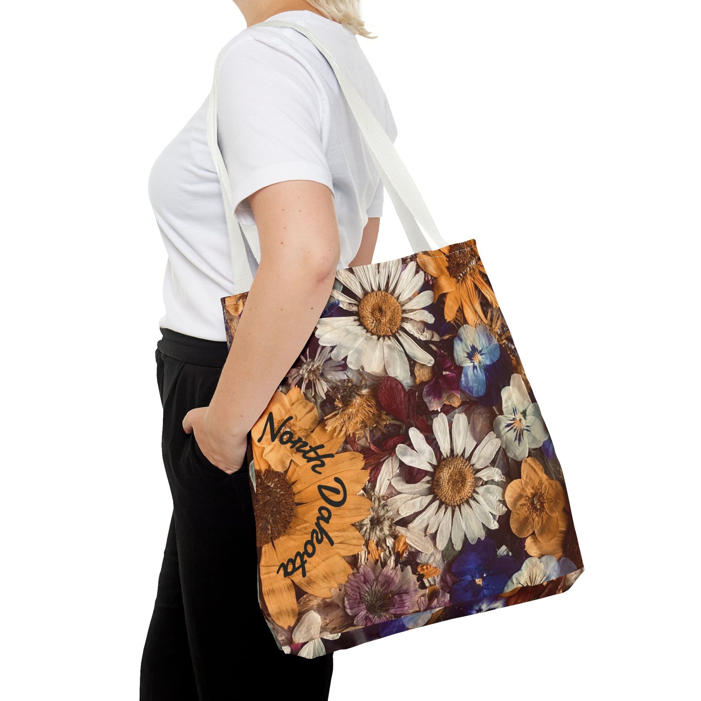 Vintage Pressed Flowers North Dakota Tote Bag — Floral Daisies AOP Tote
