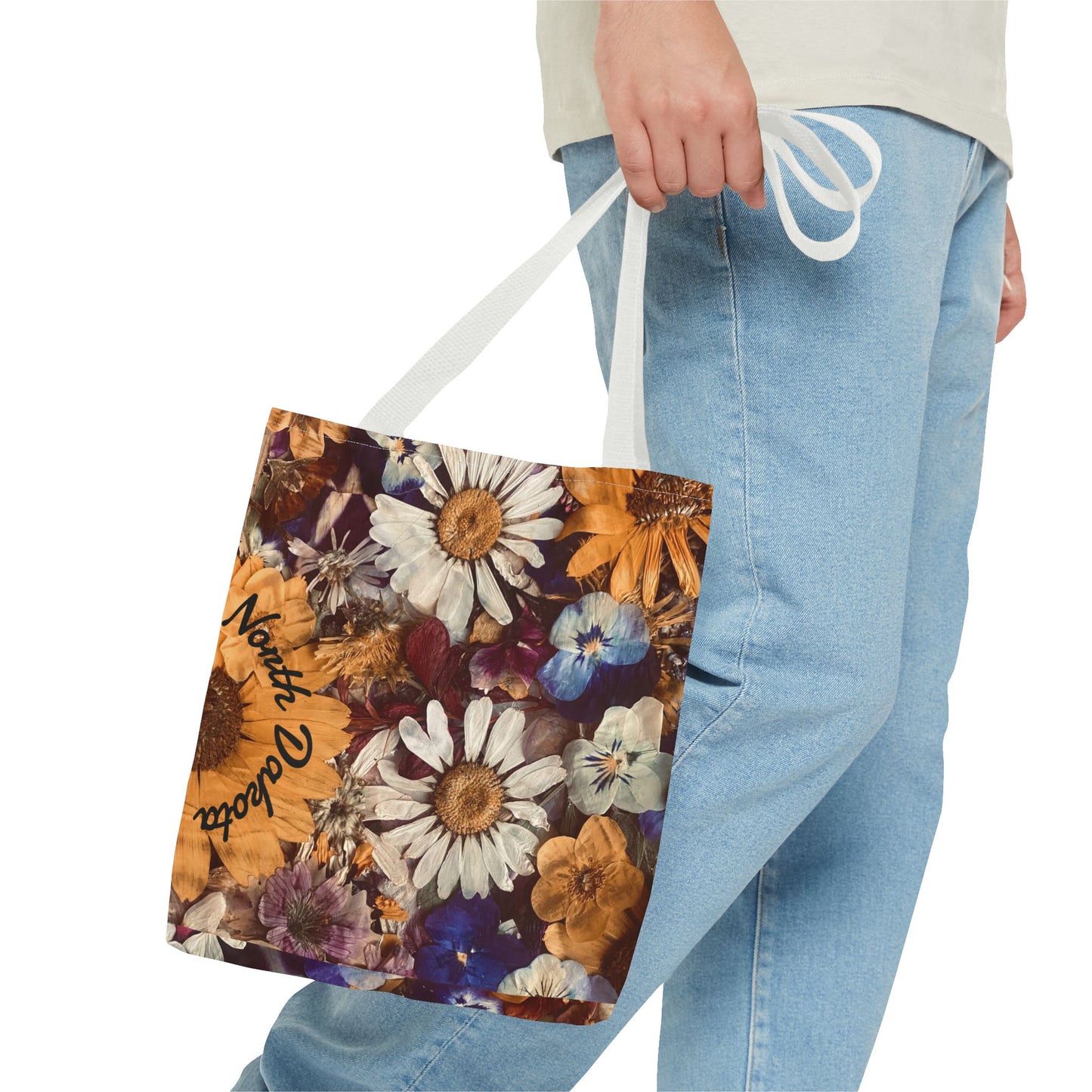 Vintage Pressed Flowers North Dakota Tote Bag — Floral Daisies AOP Tote