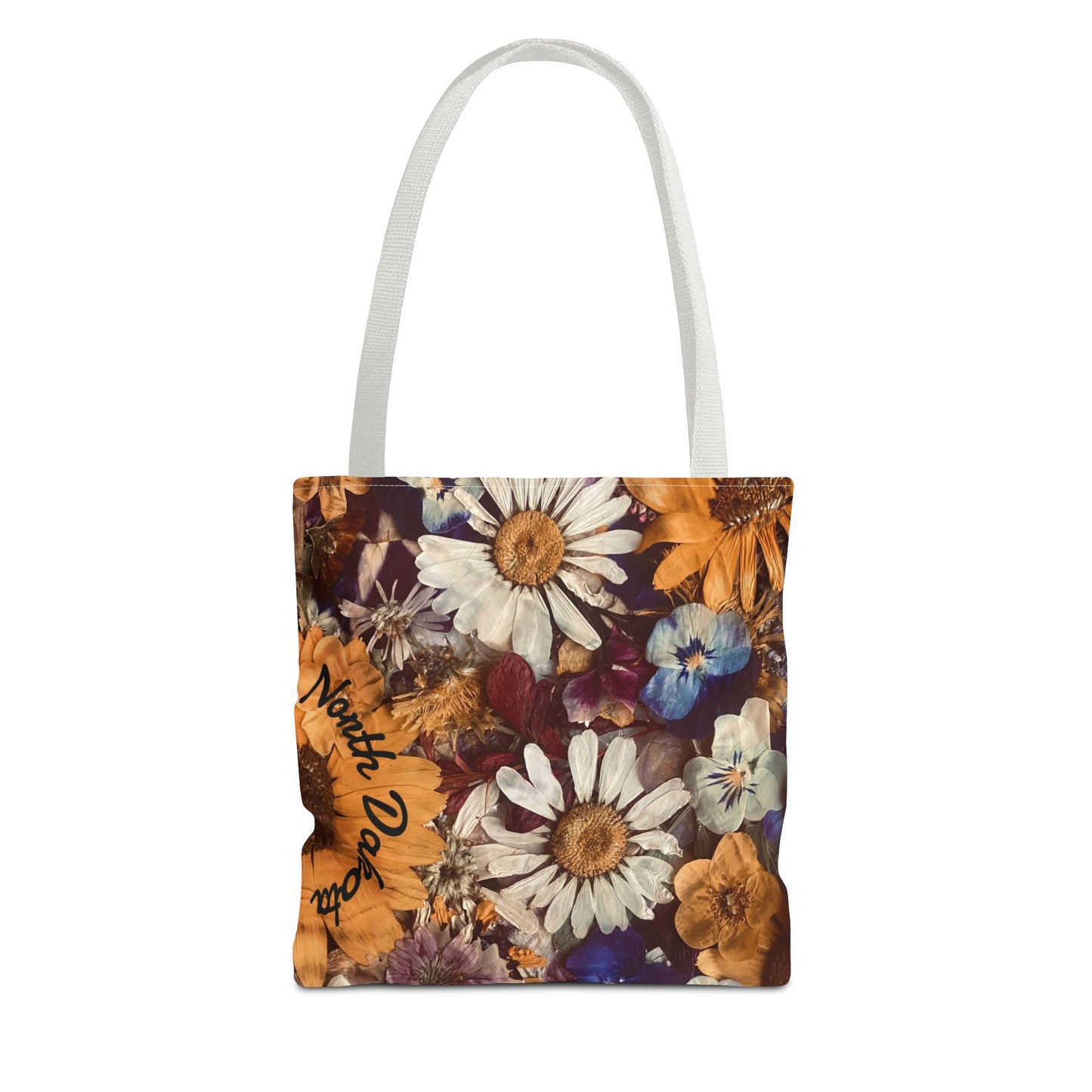 Vintage Pressed Flowers North Dakota Tote Bag — Floral Daisies AOP Tote