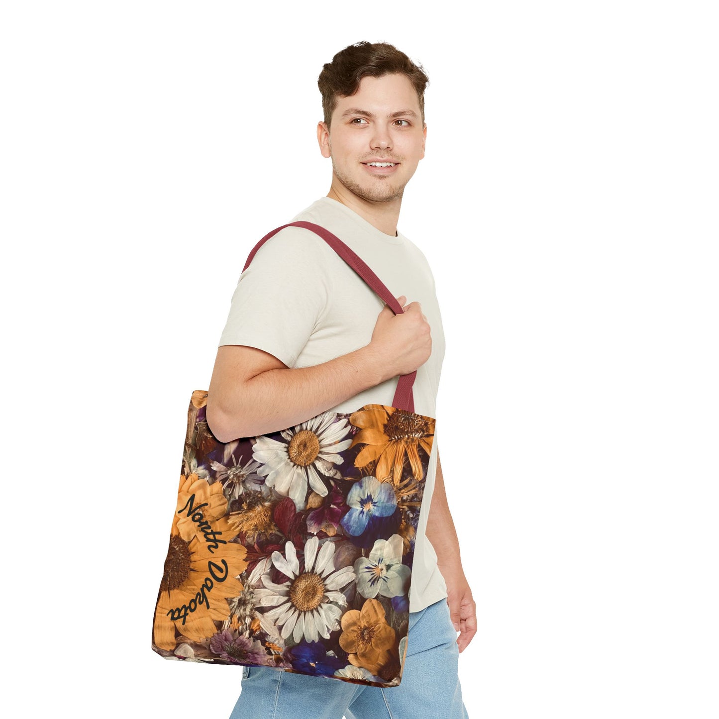 Vintage Pressed Flowers North Dakota Tote Bag — Floral Daisies AOP Tote