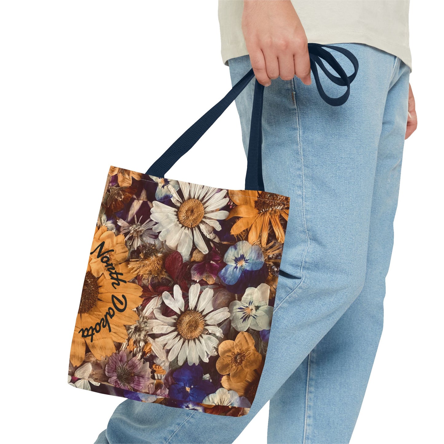 Vintage Pressed Flowers North Dakota Tote Bag — Floral Daisies AOP Tote