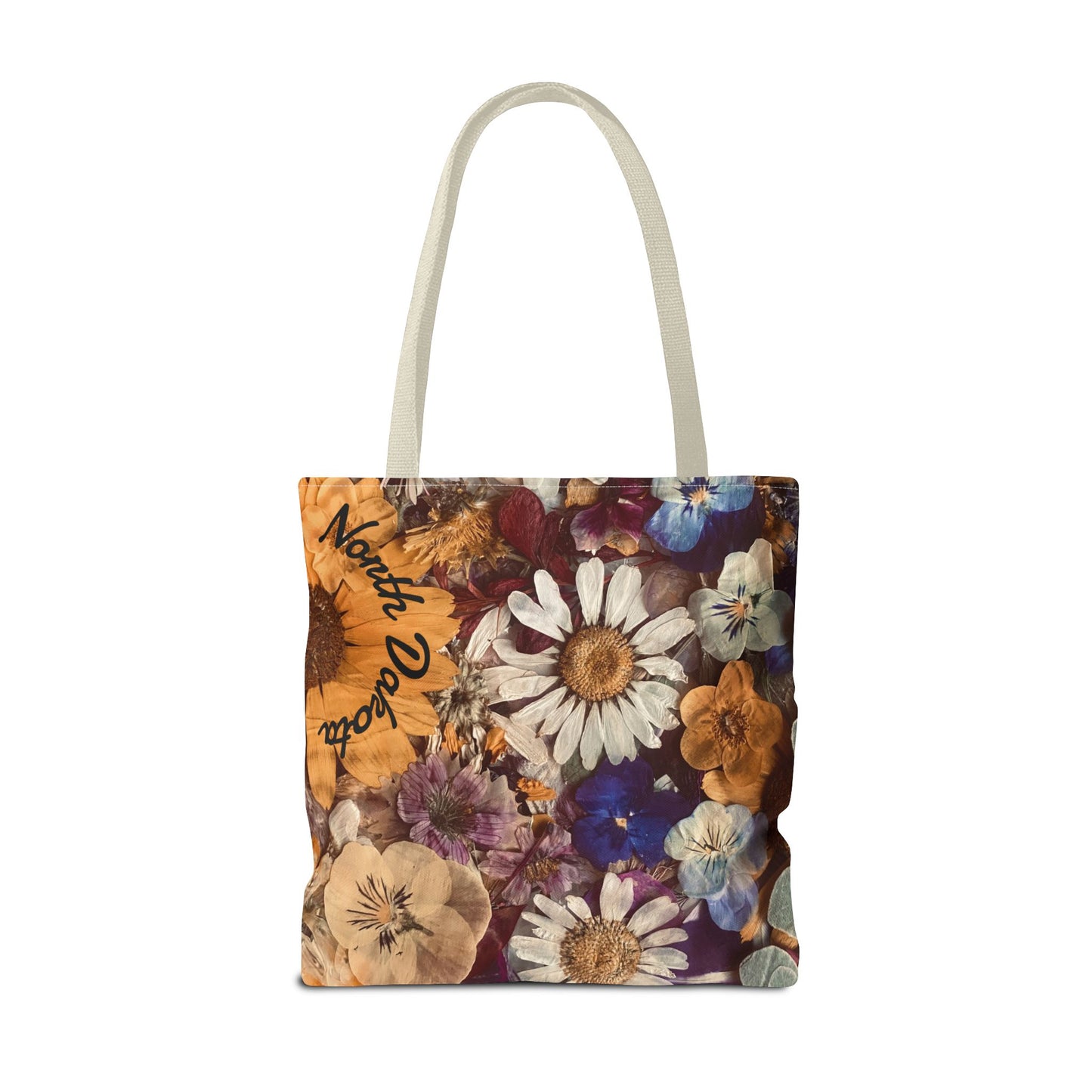 Vintage Pressed Flowers North Dakota Tote Bag — Floral Daisies AOP Tote