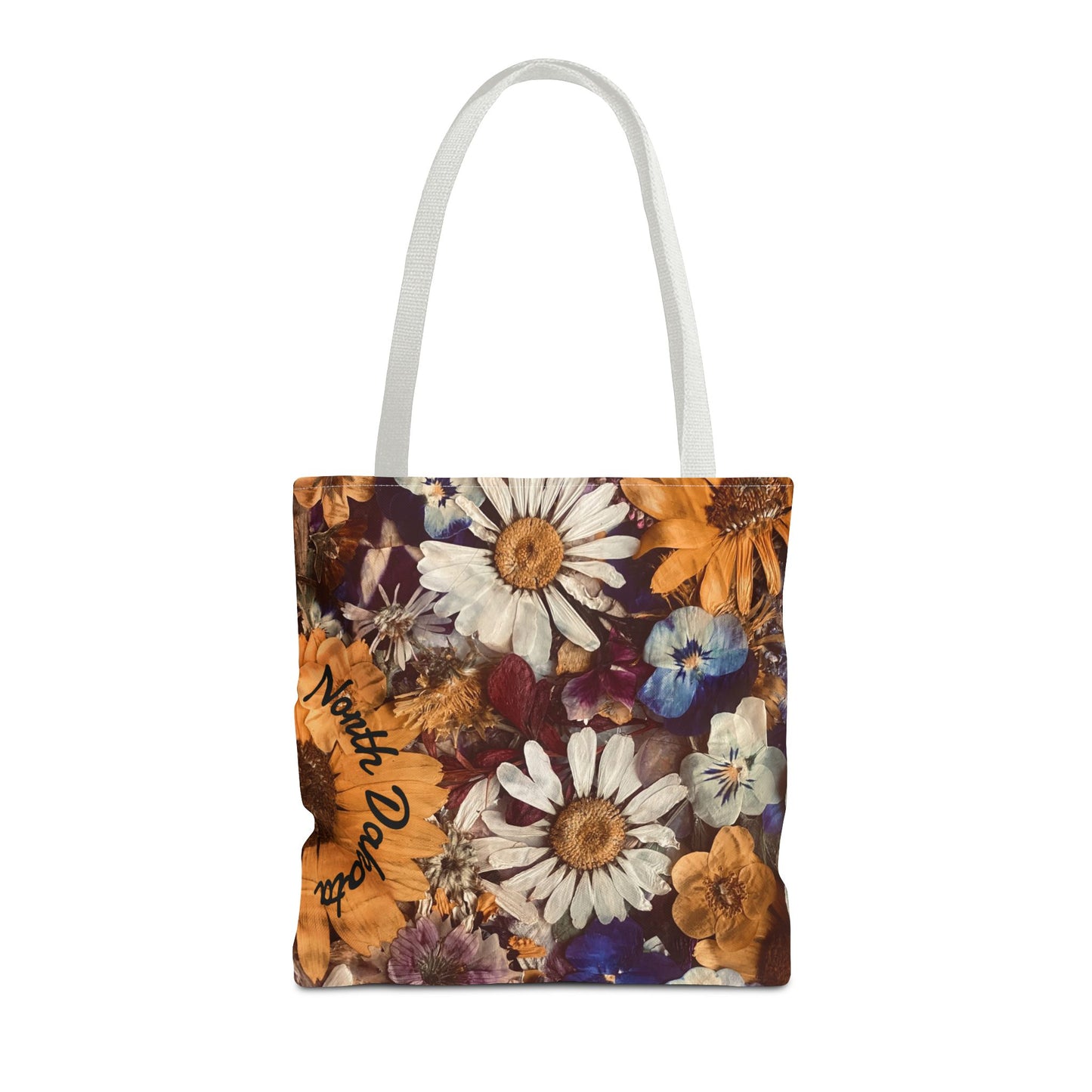 Vintage Pressed Flowers North Dakota Tote Bag — Floral Daisies AOP Tote