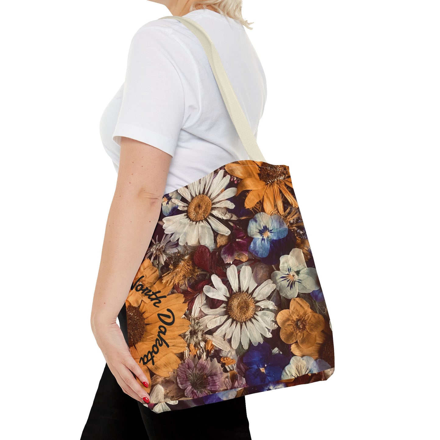 Vintage Pressed Flowers North Dakota Tote Bag — Floral Daisies AOP Tote