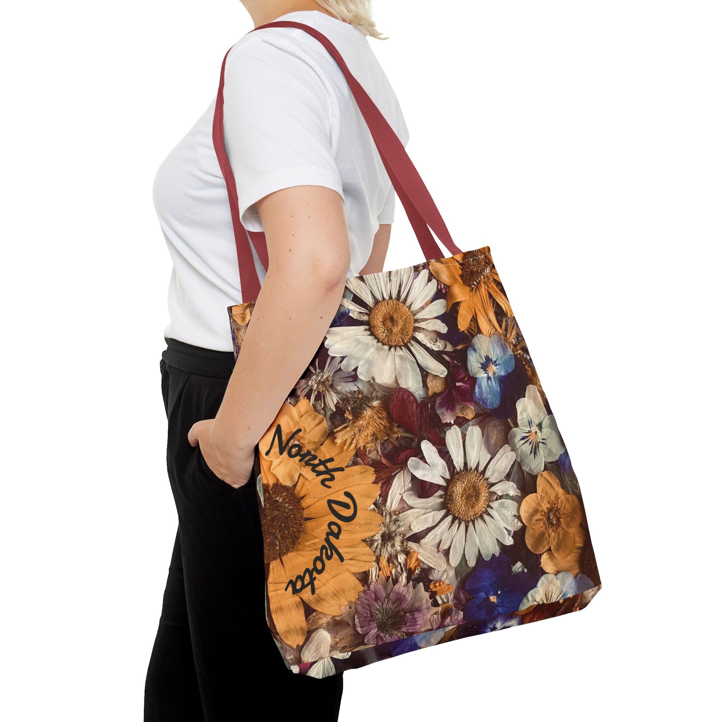Vintage Pressed Flowers North Dakota Tote Bag — Floral Daisies AOP Tote