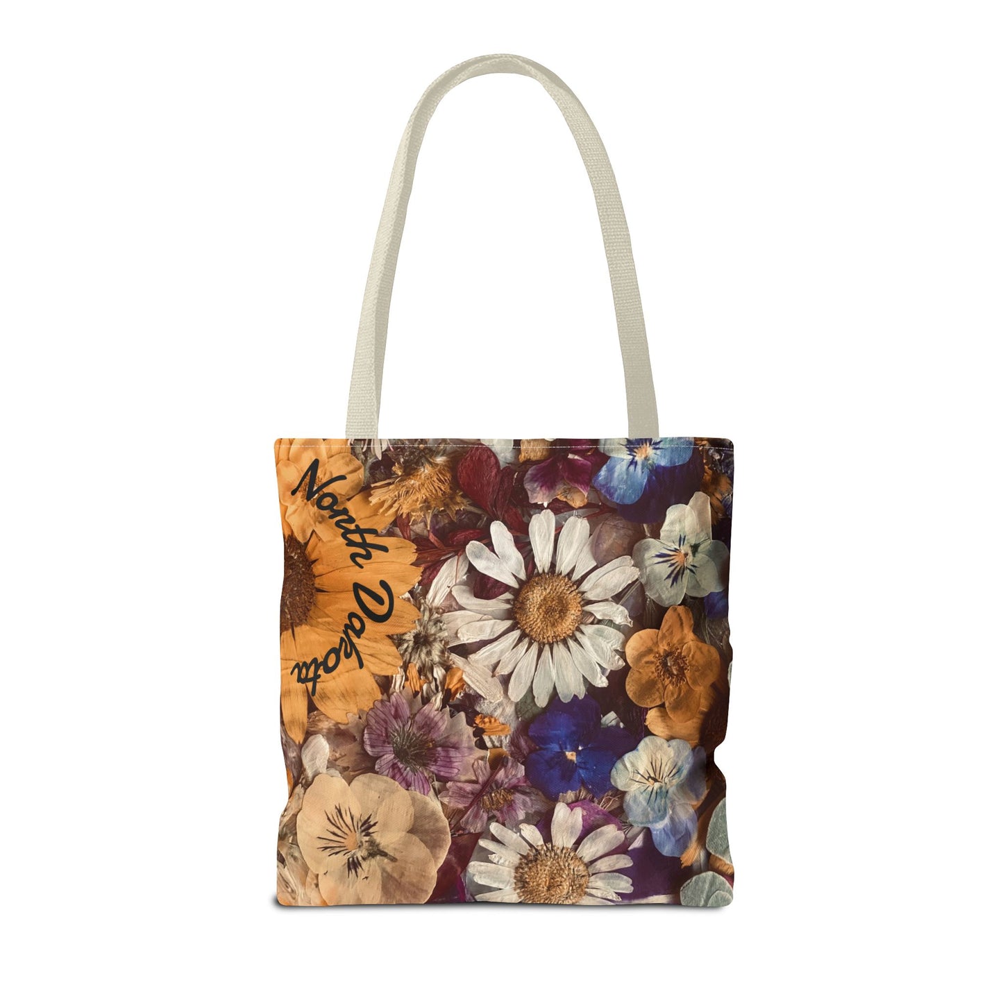 Vintage Pressed Flowers North Dakota Tote Bag — Floral Daisies AOP Tote