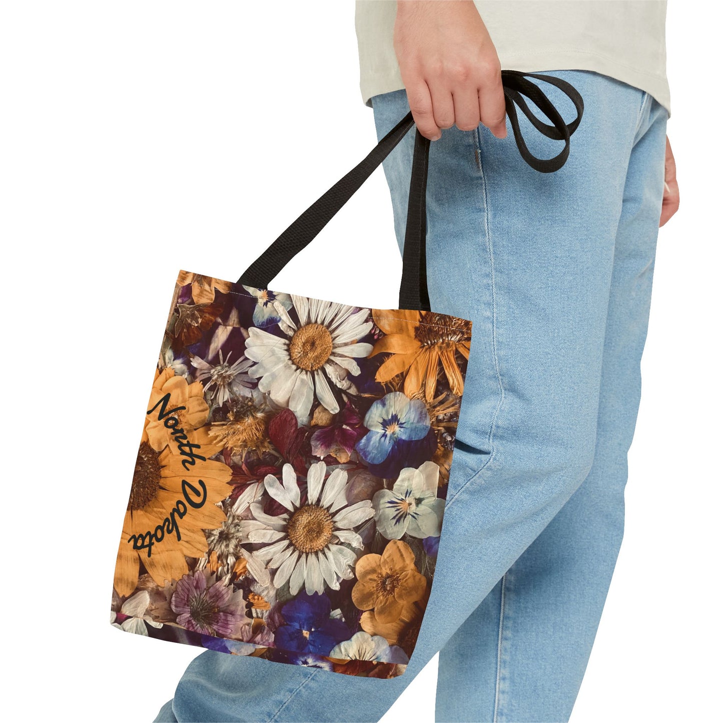 Vintage Pressed Flowers North Dakota Tote Bag — Floral Daisies AOP Tote