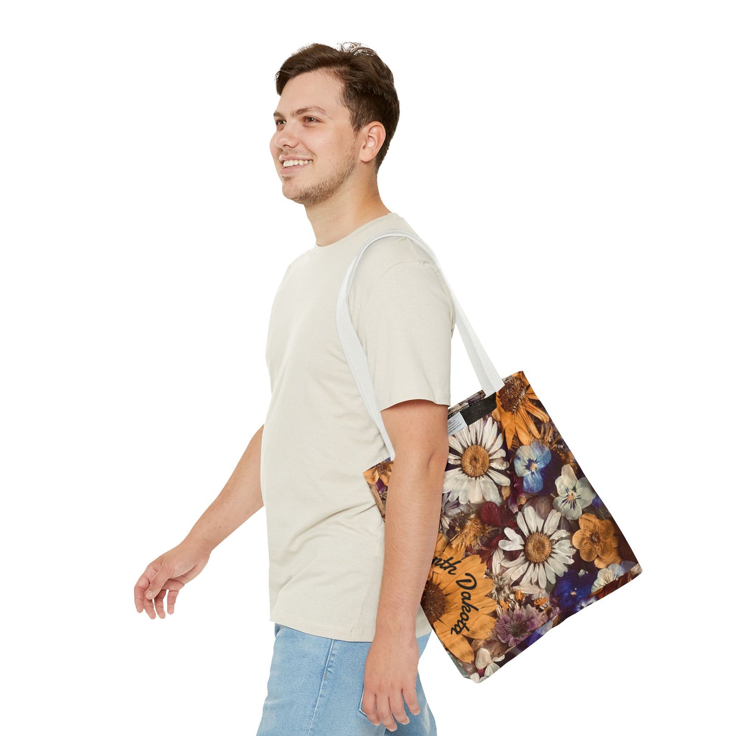 Vintage Pressed Flowers North Dakota Tote Bag — Floral Daisies AOP Tote
