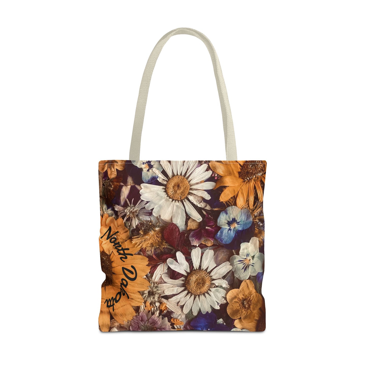 Vintage Pressed Flowers North Dakota Tote Bag — Floral Daisies AOP Tote