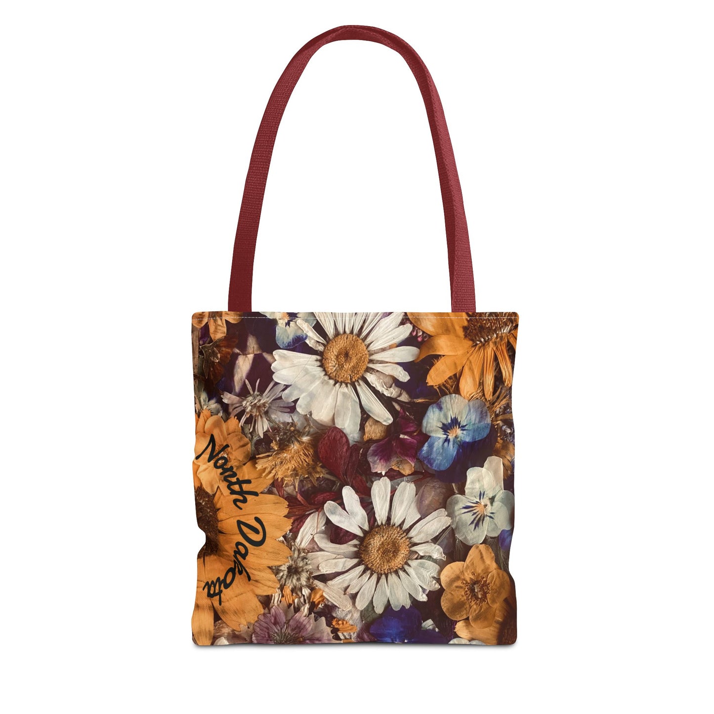 Vintage Pressed Flowers North Dakota Tote Bag — Floral Daisies AOP Tote