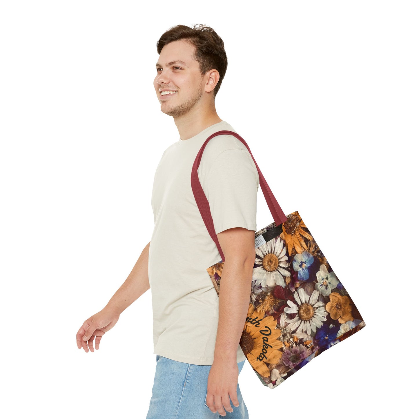 Vintage Pressed Flowers North Dakota Tote Bag — Floral Daisies AOP Tote