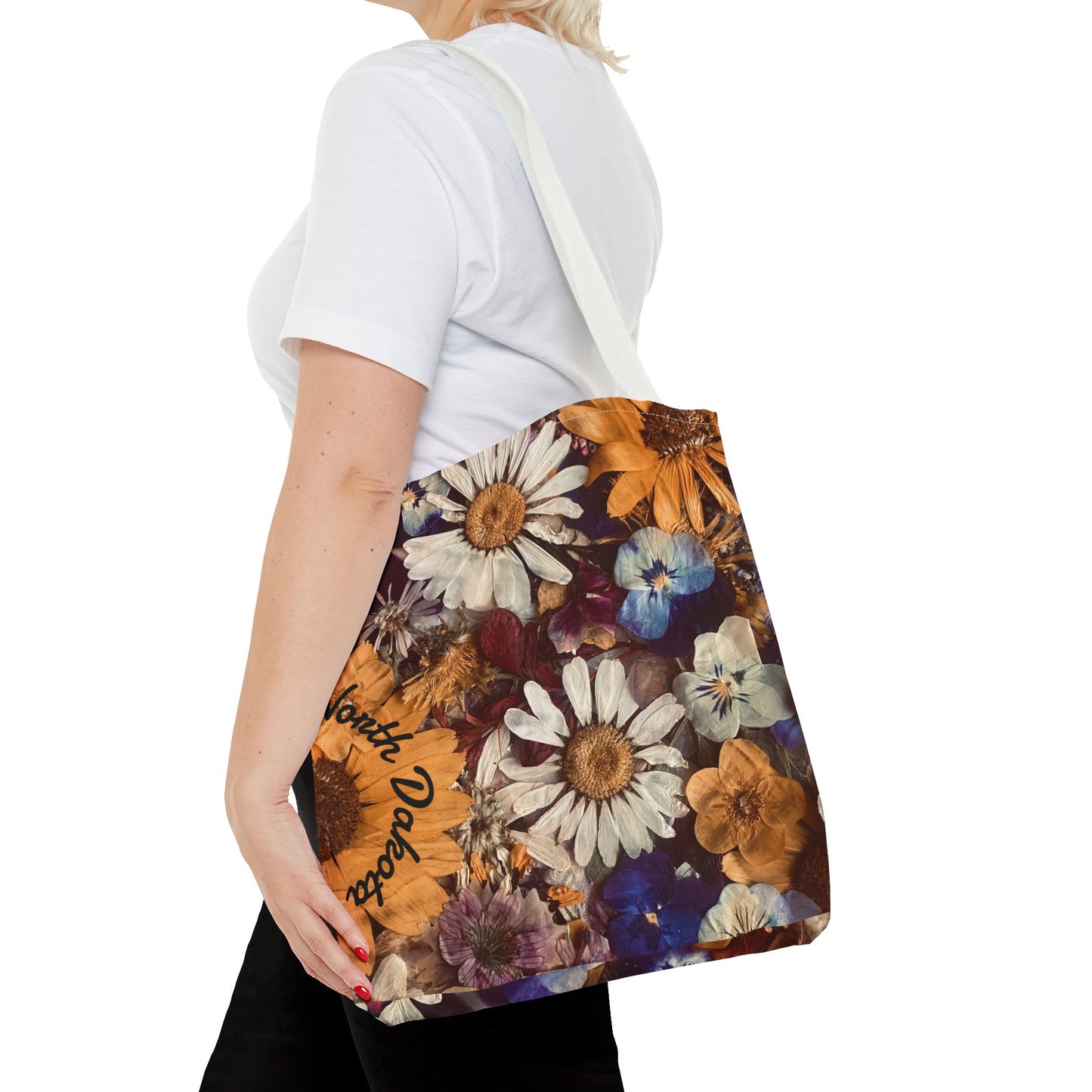 Vintage Pressed Flowers North Dakota Tote Bag — Floral Daisies AOP Tote