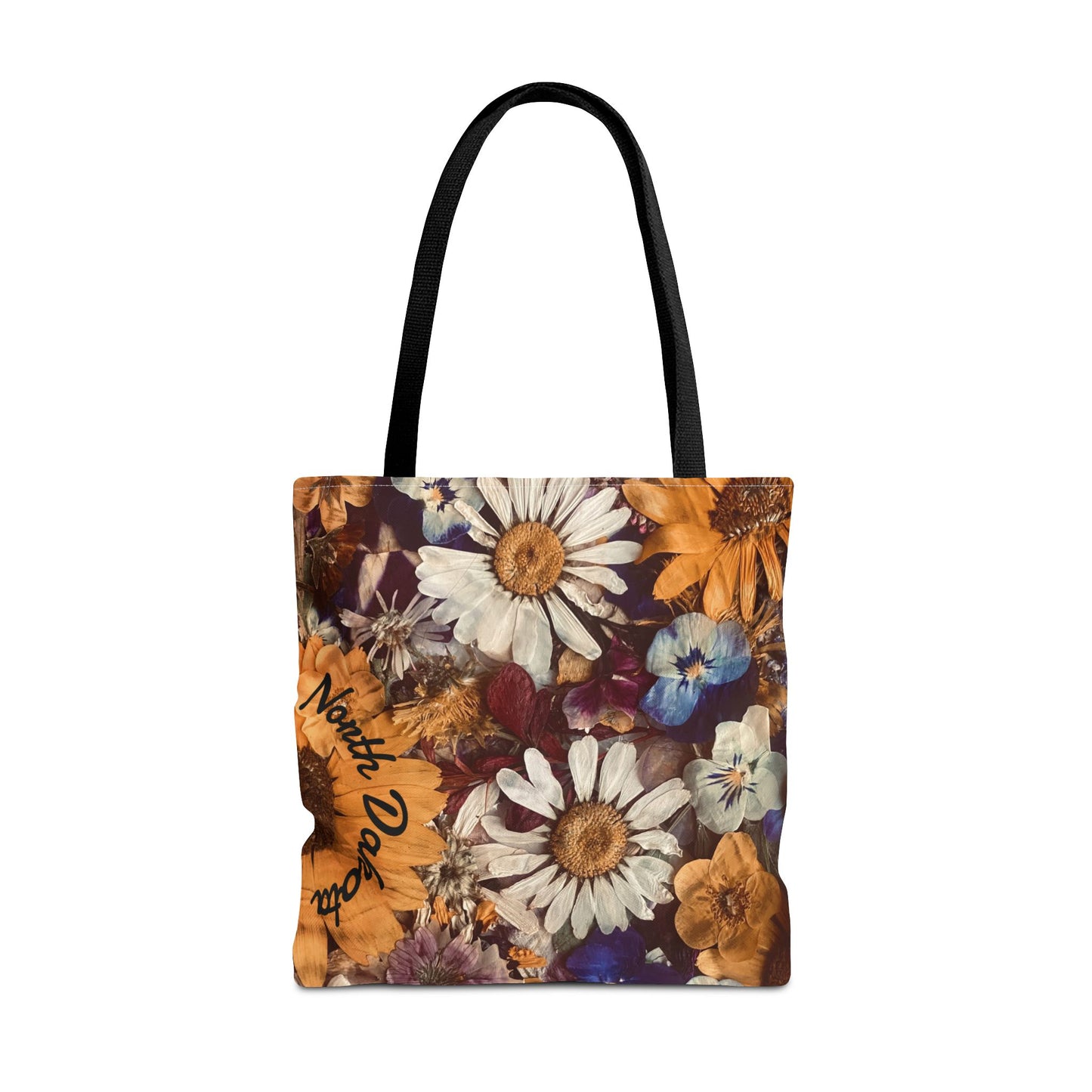Vintage Pressed Flowers North Dakota Tote Bag — Floral Daisies AOP Tote