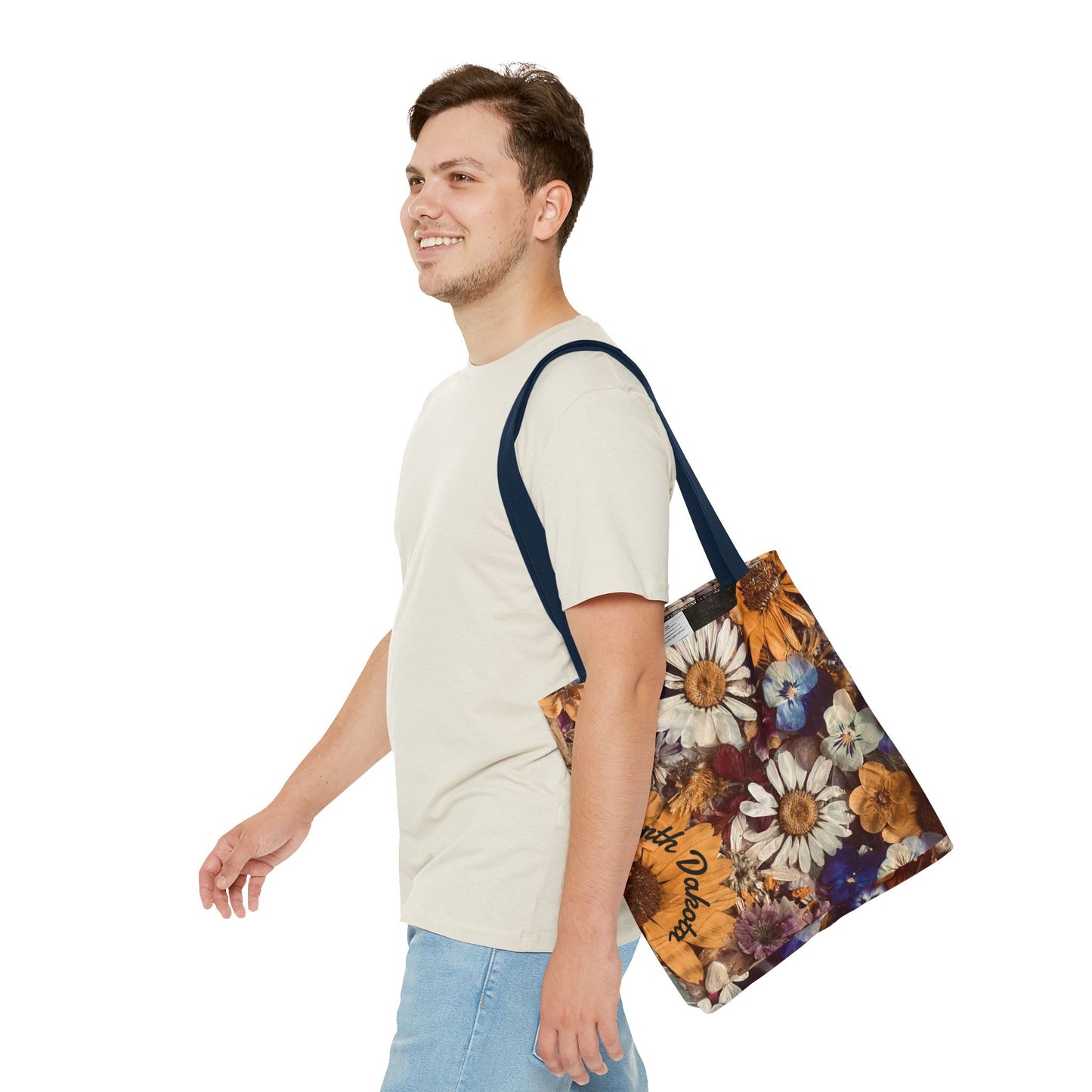 Vintage Pressed Flowers North Dakota Tote Bag — Floral Daisies AOP Tote
