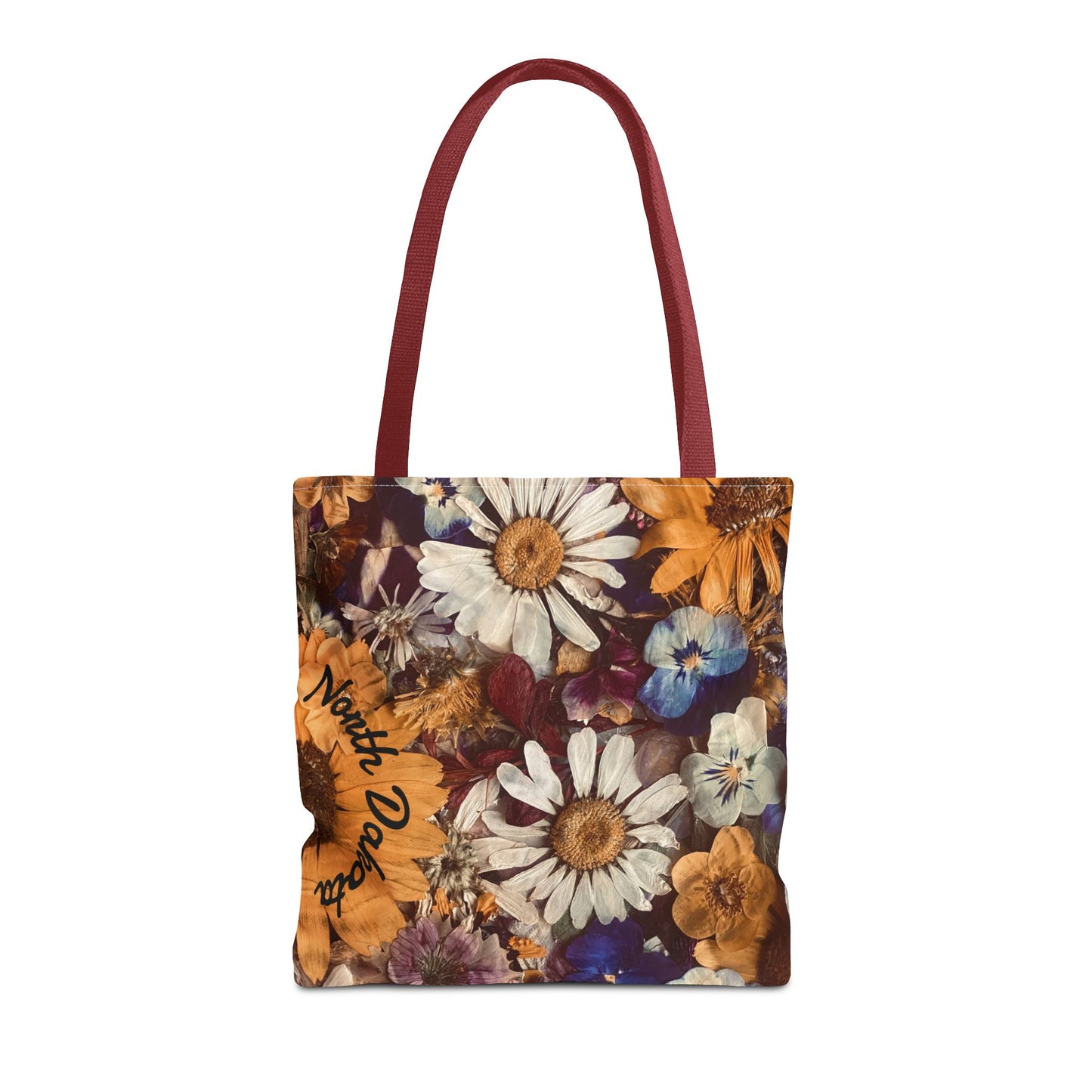 Vintage Pressed Flowers North Dakota Tote Bag — Floral Daisies AOP Tote