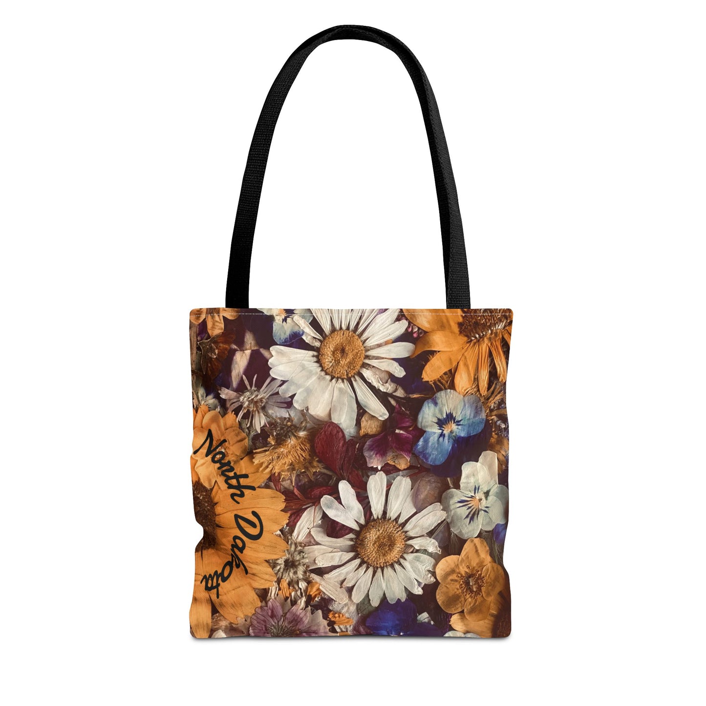 Vintage Pressed Flowers North Dakota Tote Bag — Floral Daisies AOP Tote