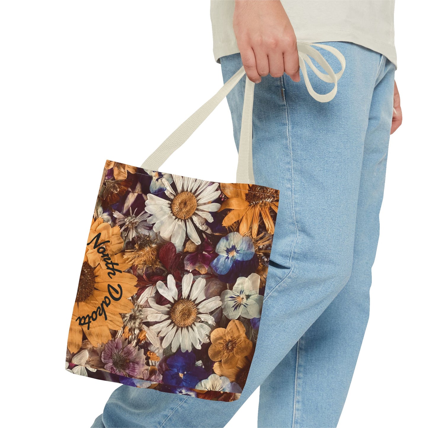 Vintage Pressed Flowers North Dakota Tote Bag — Floral Daisies AOP Tote