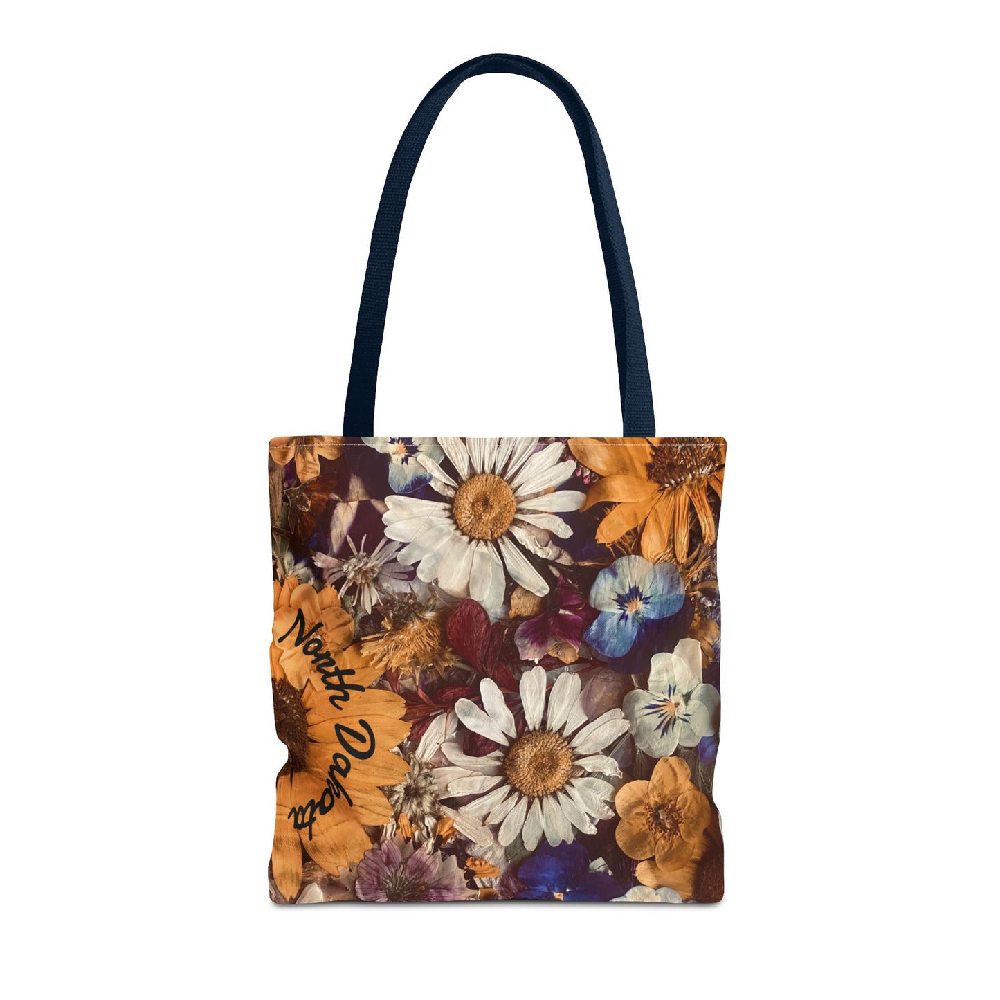 Vintage Pressed Flowers North Dakota Tote Bag — Floral Daisies AOP Tote