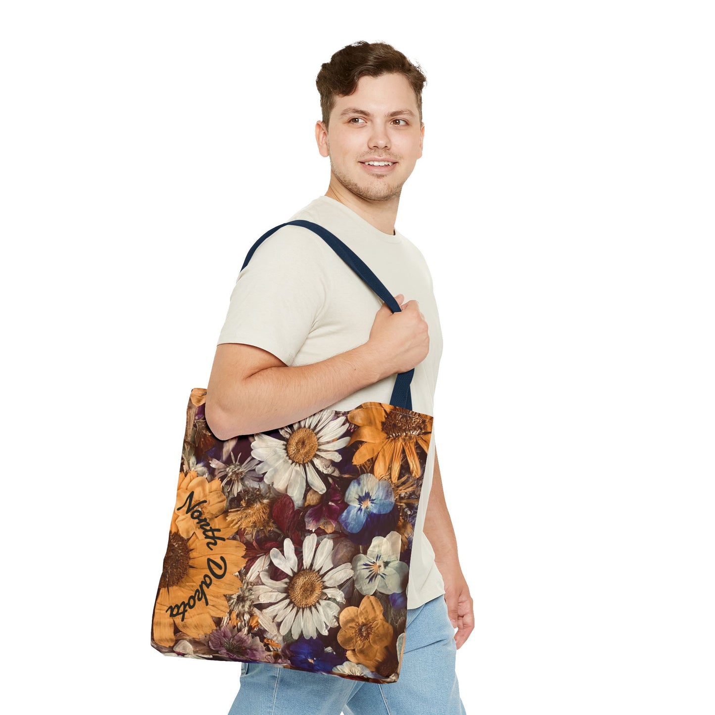 Vintage Pressed Flowers North Dakota Tote Bag — Floral Daisies AOP Tote