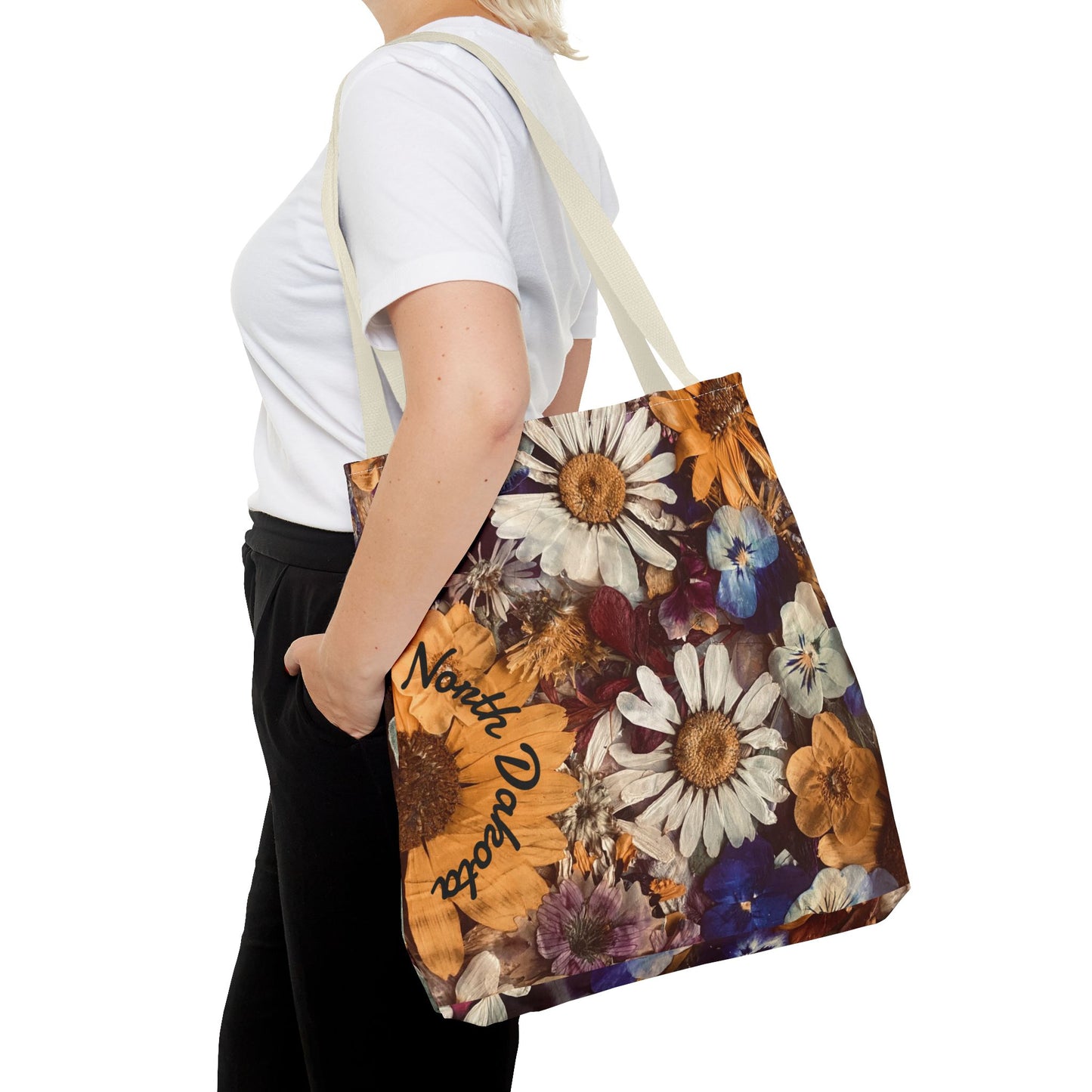 Vintage Pressed Flowers North Dakota Tote Bag — Floral Daisies AOP Tote
